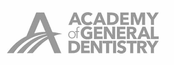 Logo of the academy of general dentistry featuring an abstract 'a' and bridge design next to the organization's name.