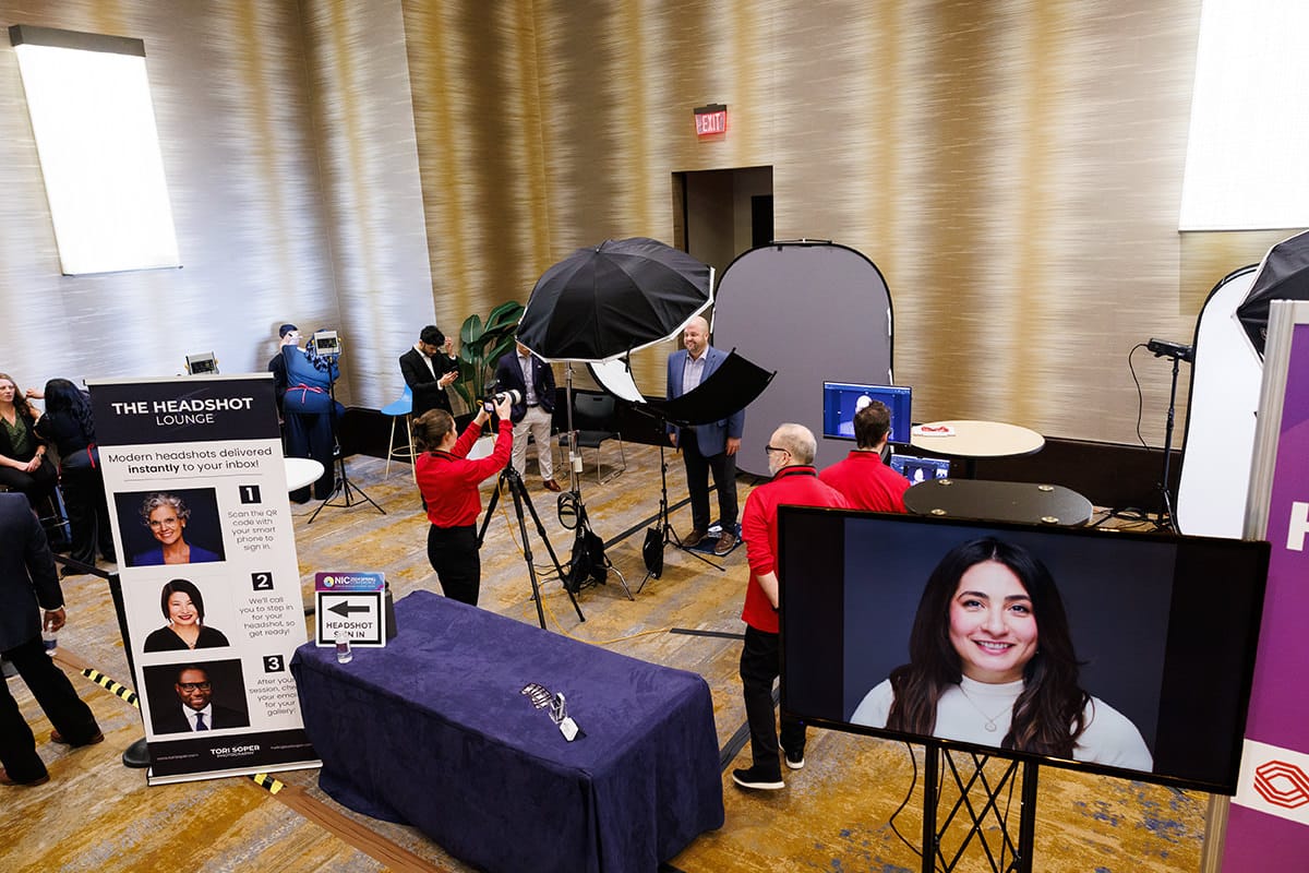 Equipment and booth setup for a Chicago Headshot Lounge at an event venue.